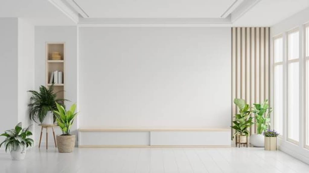 Intérieur lumineux, mur blanc au-dessus d’un meuble TV bas, plantes et grandes fenêtres